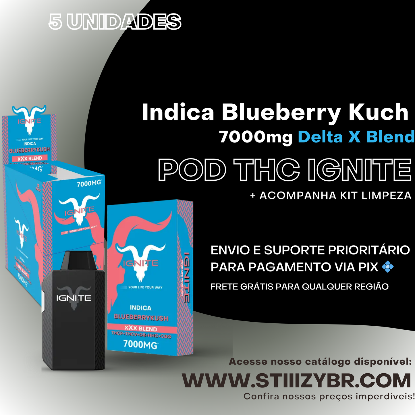 Combo 5 und - Pod Thc Ignite • Blueberry Kush- 7000mg Delta X